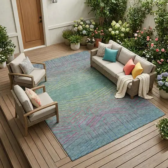 Teal Blue And Purple Geometric Washable Indoor Outdoor Area Rug Photo 1
