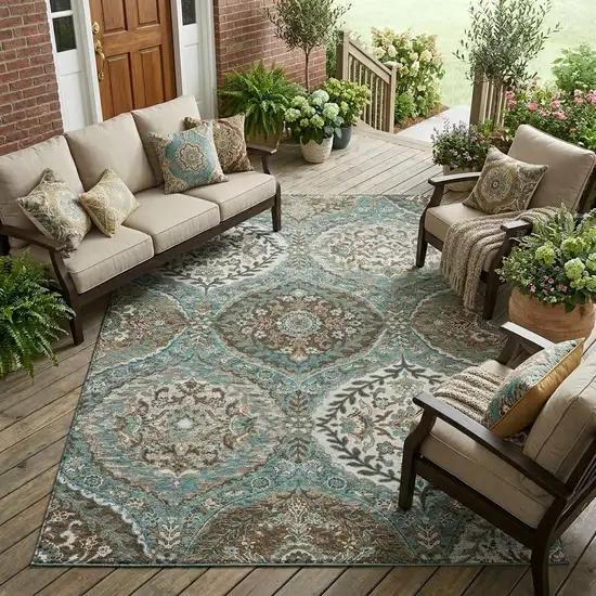 Teal Blue And Purple Ogee Washable Indoor Outdoor Area Rug Photo 1