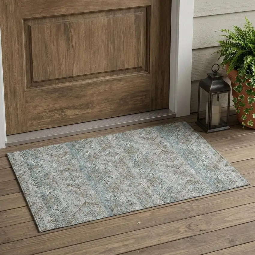 Teal Blue And Purple Tribal Washable Indoor Outdoor Area Rug Photo 1