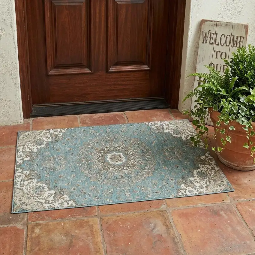 Teal Blue And Sage Floral Medallion Washable Indoor Outdoor Area Rug Photo 1