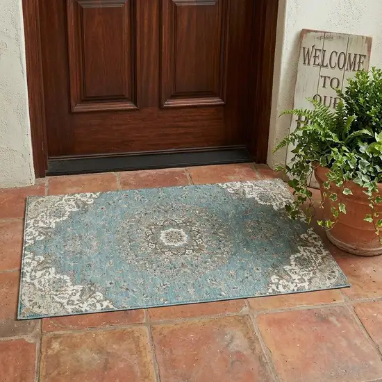 Teal Blue And Sage Floral Medallion Washable Indoor Outdoor Area Rug Photo 1