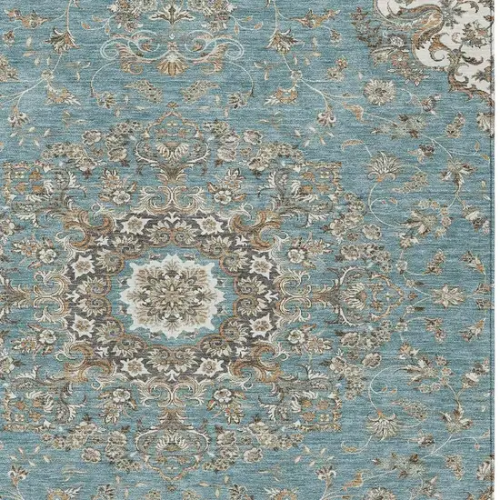 Teal Blue And Sage Floral Medallion Washable Indoor Outdoor Area Rug Photo 3