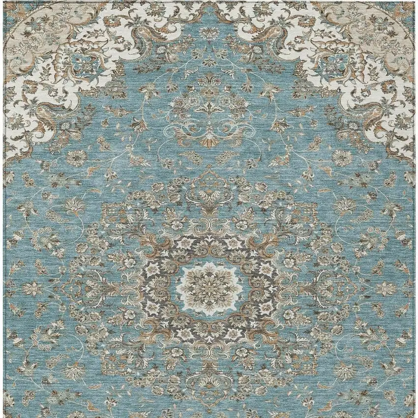 Teal Blue And Sage Floral Medallion Washable Indoor Outdoor Area Rug Photo 4