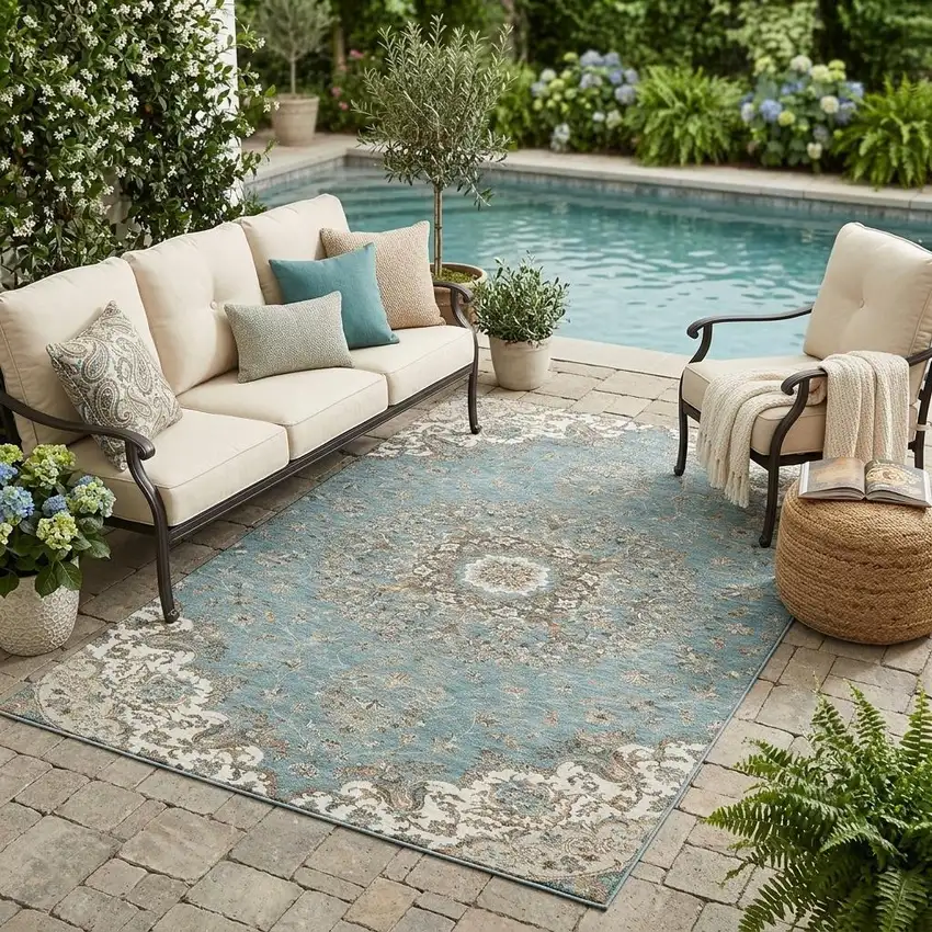 Teal Blue And Sage Floral Medallion Washable Indoor Outdoor Area Rug Photo 1