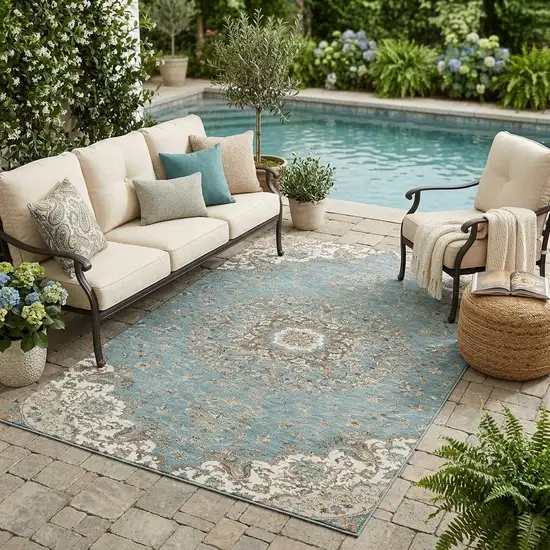 Teal Blue And Sage Floral Medallion Washable Indoor Outdoor Area Rug Photo 1