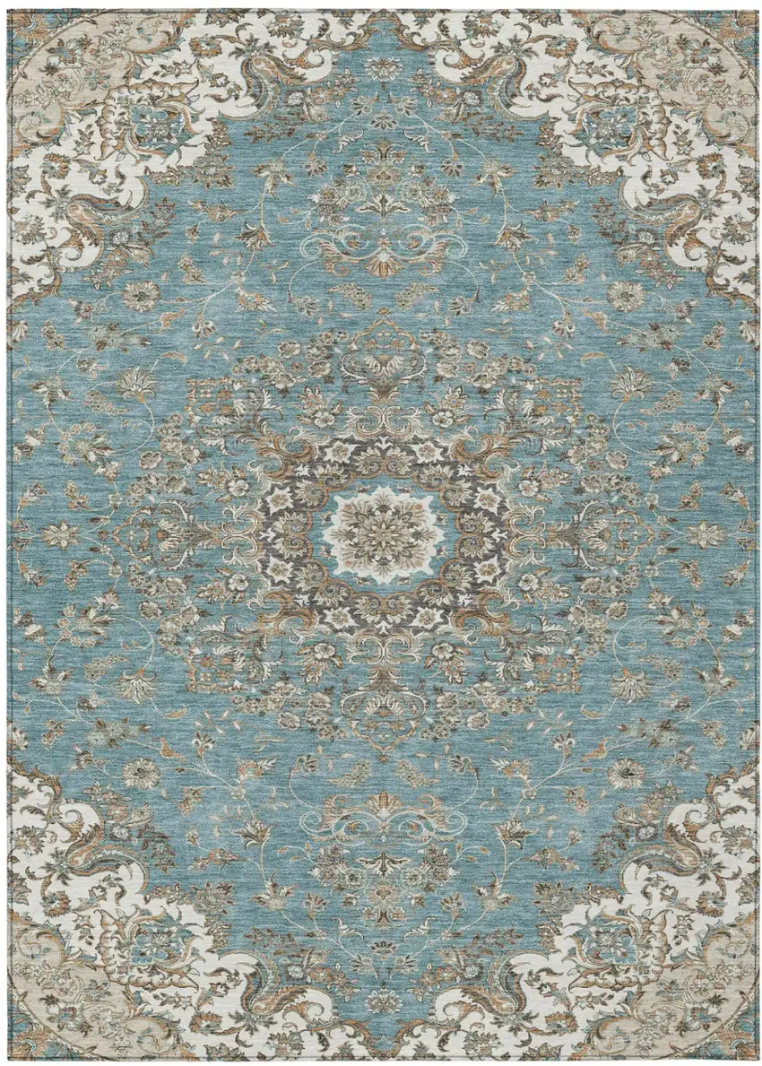 Teal Blue And Sage Floral Medallion Washable Indoor Outdoor Area Rug Photo 2