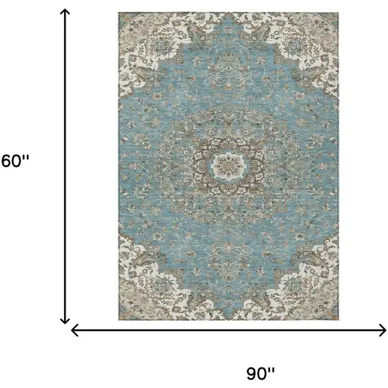 Teal Blue And Sage Floral Medallion Washable Indoor Outdoor Area Rug Photo 7