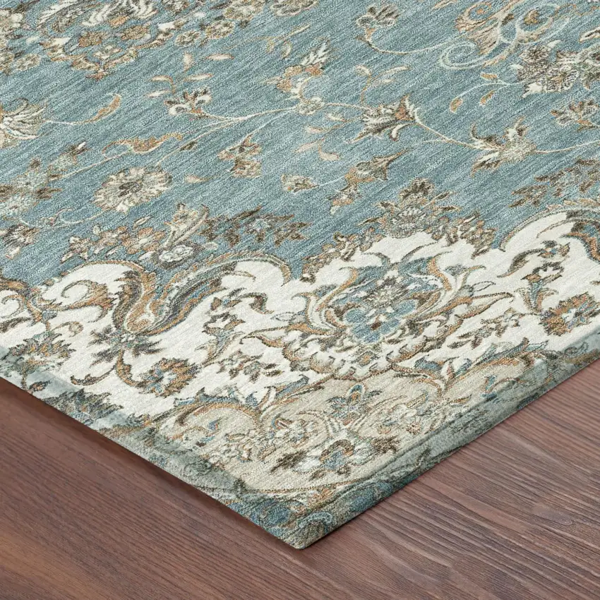 Teal Blue And Sage Floral Medallion Washable Indoor Outdoor Area Rug Photo 5