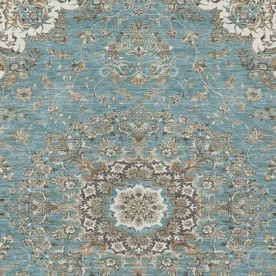 Teal Blue And Sage Floral Medallion Washable Indoor Outdoor Area Rug Photo 3