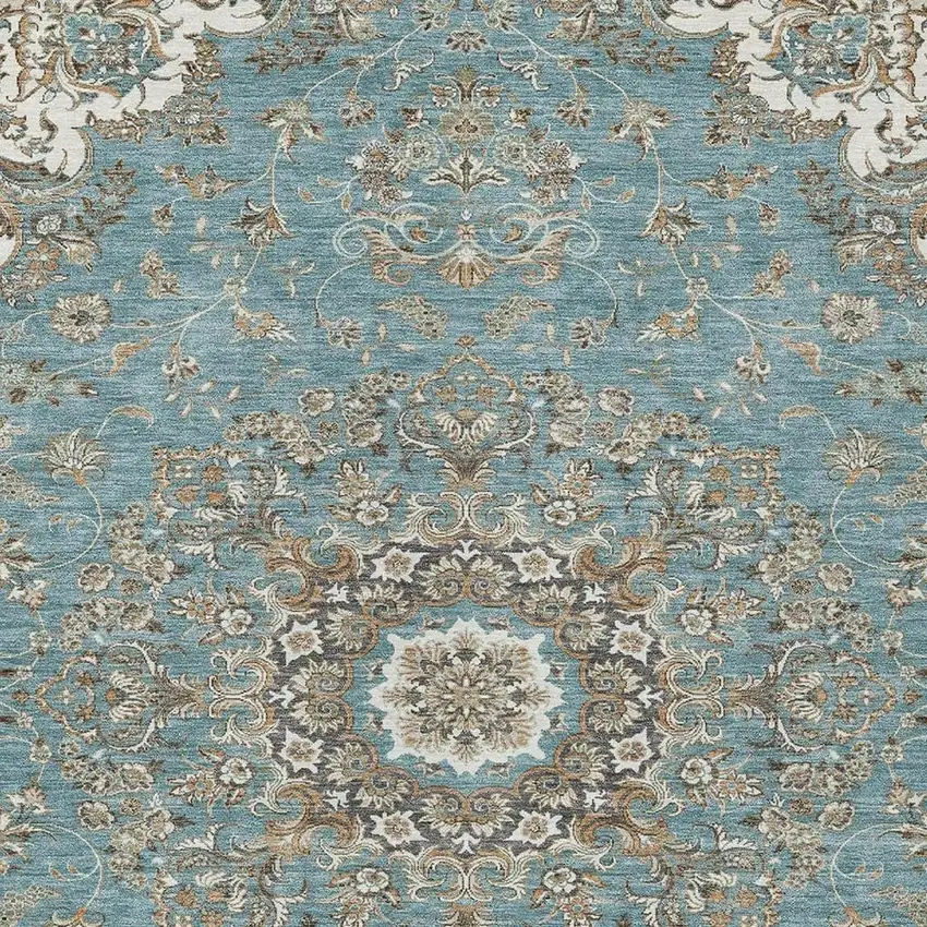 Teal Blue And Sage Floral Medallion Washable Indoor Outdoor Area Rug Photo 3