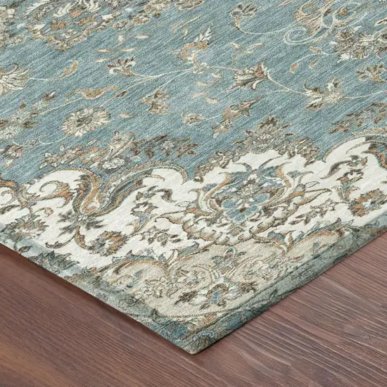 Teal Blue And Sage Floral Medallion Washable Indoor Outdoor Area Rug Photo 5