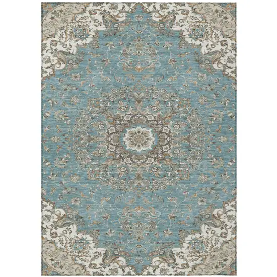 Teal Blue And Sage Floral Medallion Washable Indoor Outdoor Area Rug Photo 2