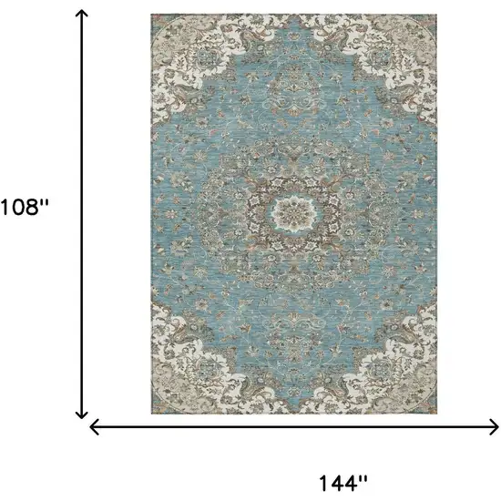 Teal Blue And Sage Floral Medallion Washable Indoor Outdoor Area Rug Photo 7