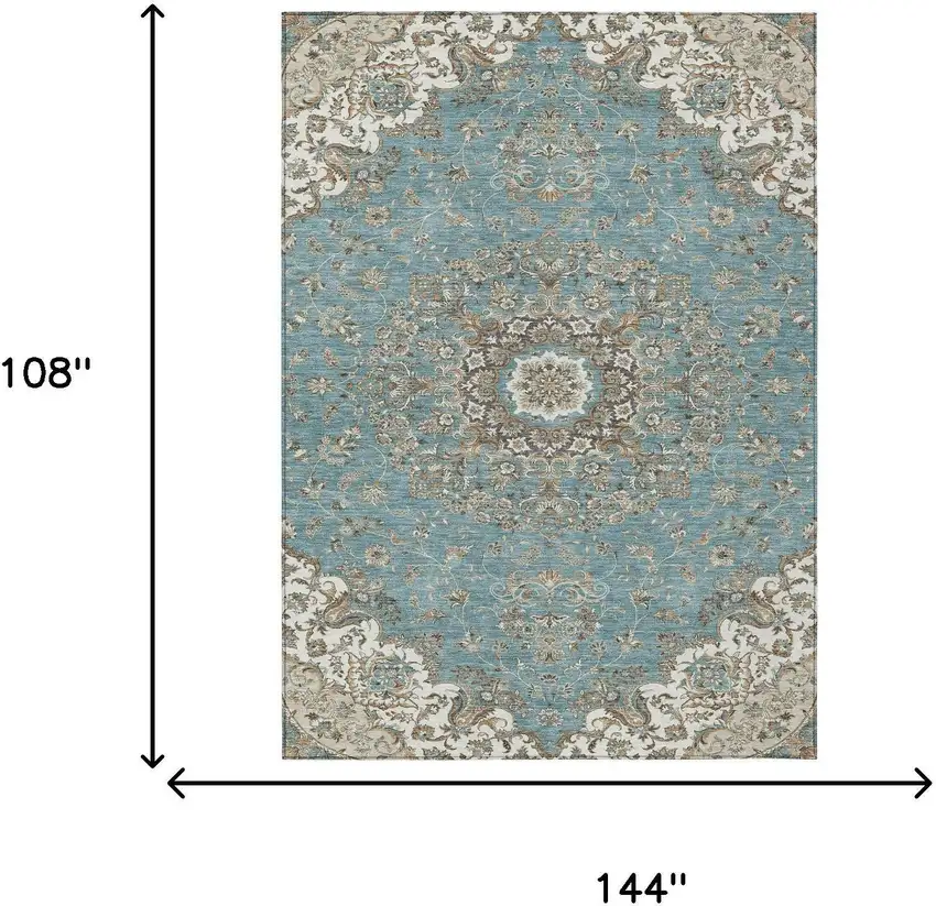 Teal Blue And Sage Floral Medallion Washable Indoor Outdoor Area Rug Photo 7