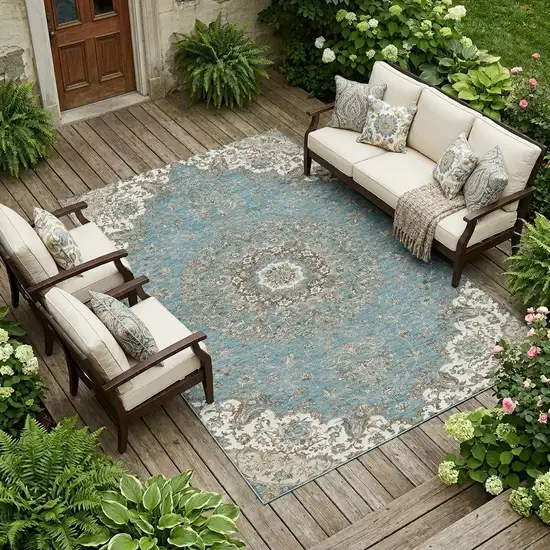 Teal Blue And Sage Floral Medallion Washable Indoor Outdoor Area Rug Photo 1
