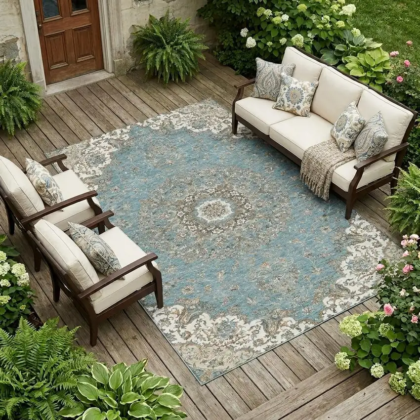 Teal Blue And Sage Floral Medallion Washable Indoor Outdoor Area Rug Photo 1