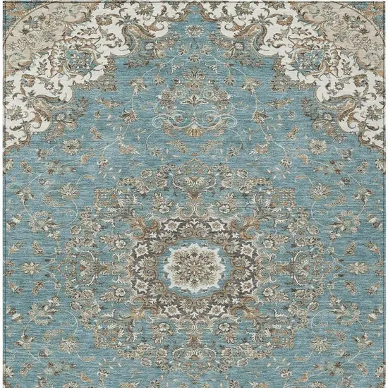 Teal Blue And Sage Floral Medallion Washable Indoor Outdoor Area Rug Photo 4