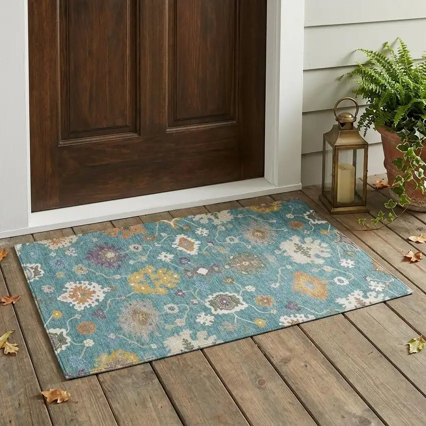 Teal Blue And Sage Oriental Washable Indoor Outdoor Area Rug Photo 1