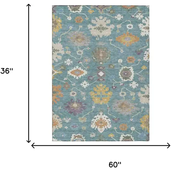 Teal Blue And Sage Oriental Washable Indoor Outdoor Area Rug Photo 7