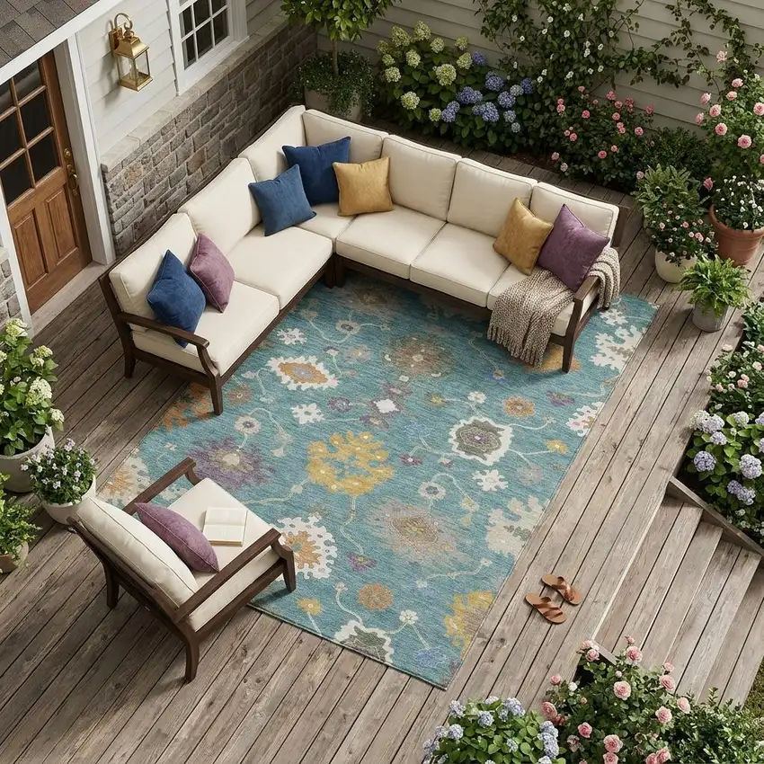 Teal Blue And Sage Oriental Washable Indoor Outdoor Area Rug Photo 1