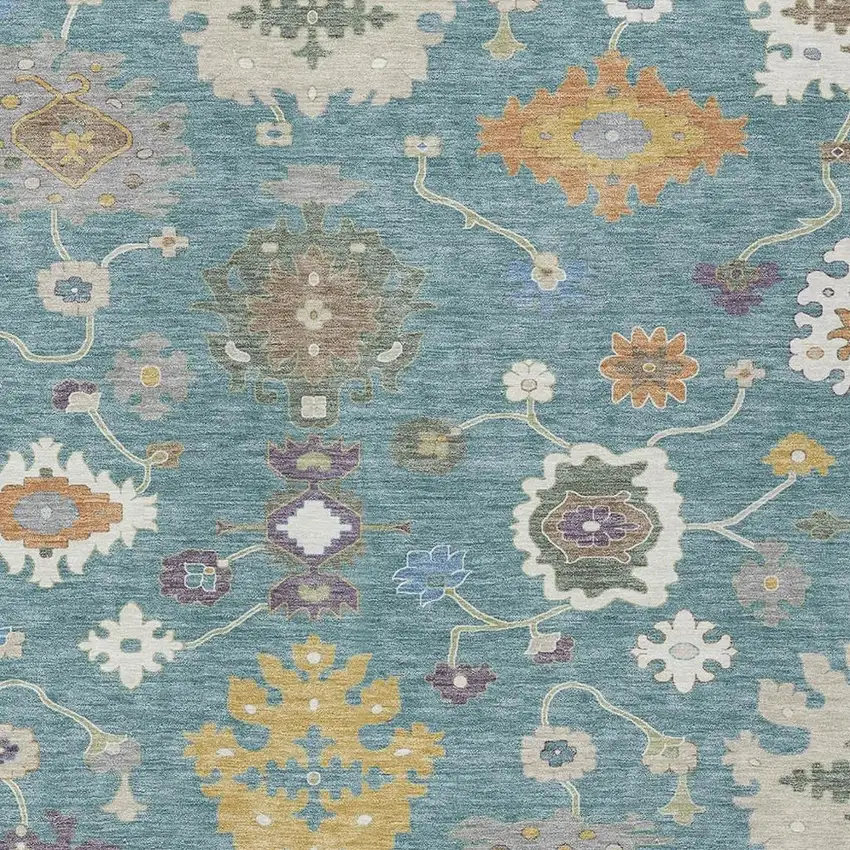 Teal Blue And Sage Oriental Washable Indoor Outdoor Area Rug Photo 3