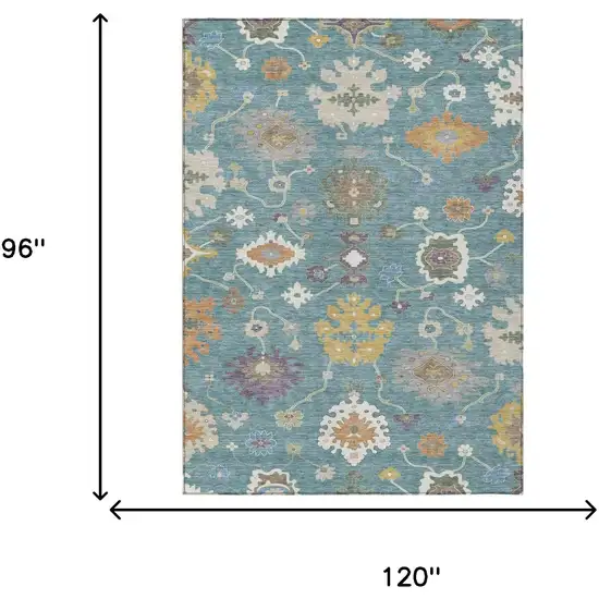 Teal Blue And Sage Oriental Washable Indoor Outdoor Area Rug Photo 7