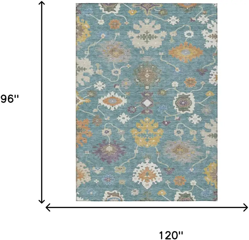 Teal Blue And Sage Oriental Washable Indoor Outdoor Area Rug Photo 7