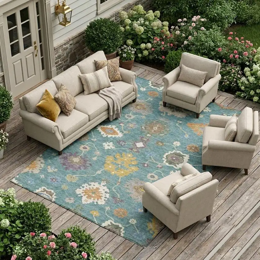 Teal Blue And Sage Oriental Washable Indoor Outdoor Area Rug Photo 1
