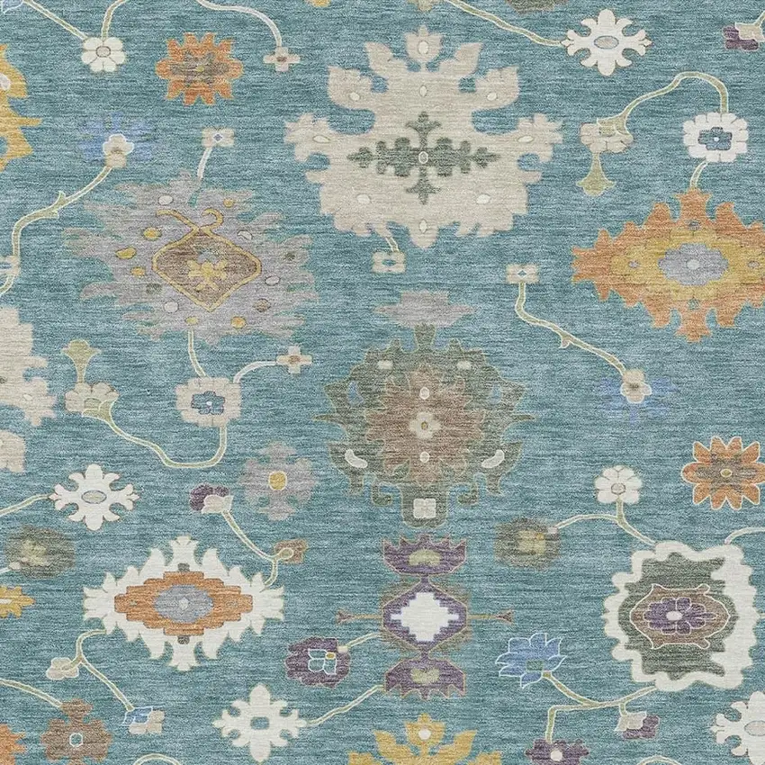 Teal Blue And Sage Oriental Washable Indoor Outdoor Area Rug Photo 3