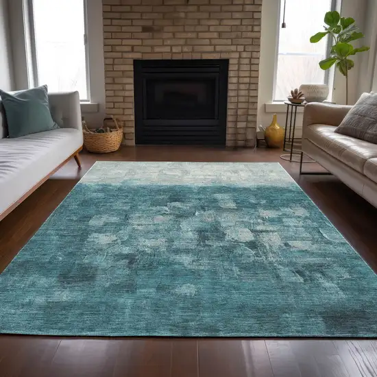 Teal Blue And Silver Abstract Washable Indoor Outdoor Area Rug Photo 8
