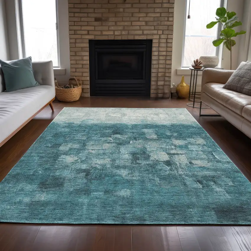 Teal Blue And Silver Abstract Washable Indoor Outdoor Area Rug Photo 8