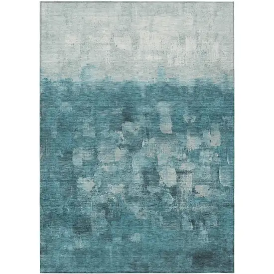 Teal Blue And Silver Abstract Washable Indoor Outdoor Area Rug Photo 2