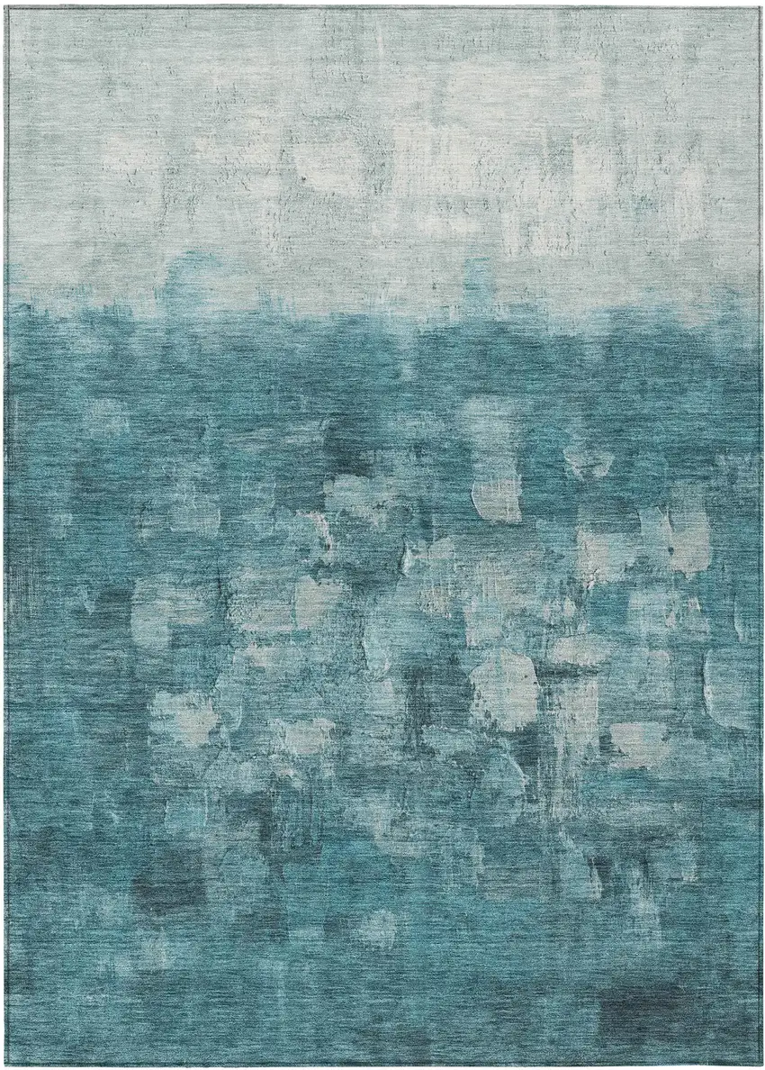 Teal Blue And Silver Abstract Washable Indoor Outdoor Area Rug Photo 2