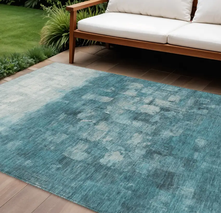 Teal Blue And Silver Abstract Washable Indoor Outdoor Area Rug Photo 1