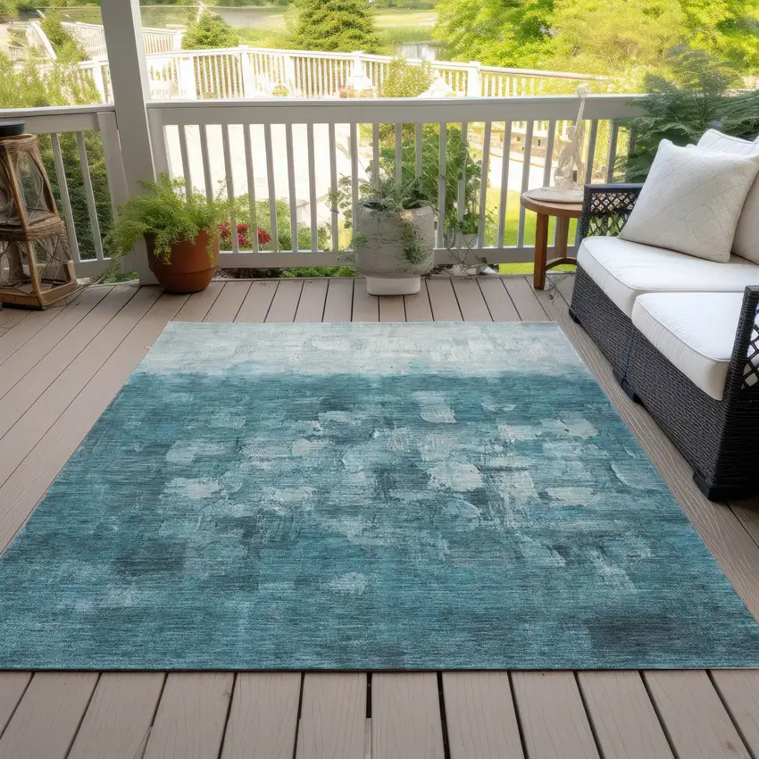 Teal Blue And Silver Abstract Washable Indoor Outdoor Area Rug Photo 9