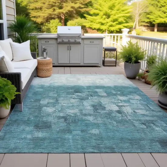 Teal Blue And Silver Abstract Washable Indoor Outdoor Area Rug Photo 6