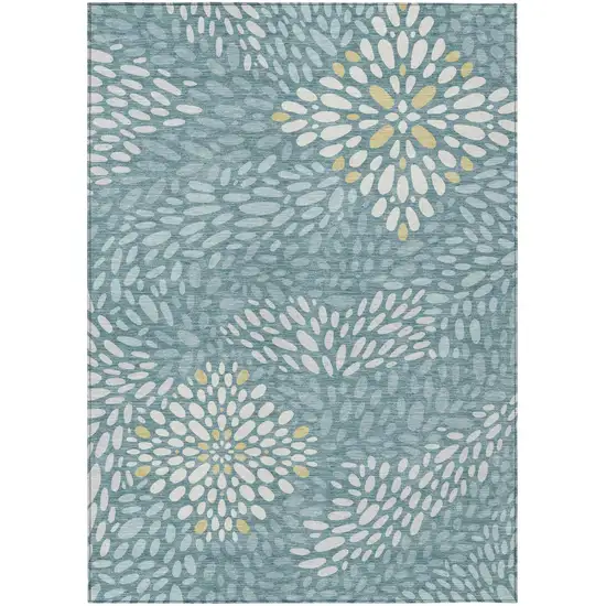 Teal Blue And Silver Abstract Washable Indoor Outdoor Area Rug Photo 1
