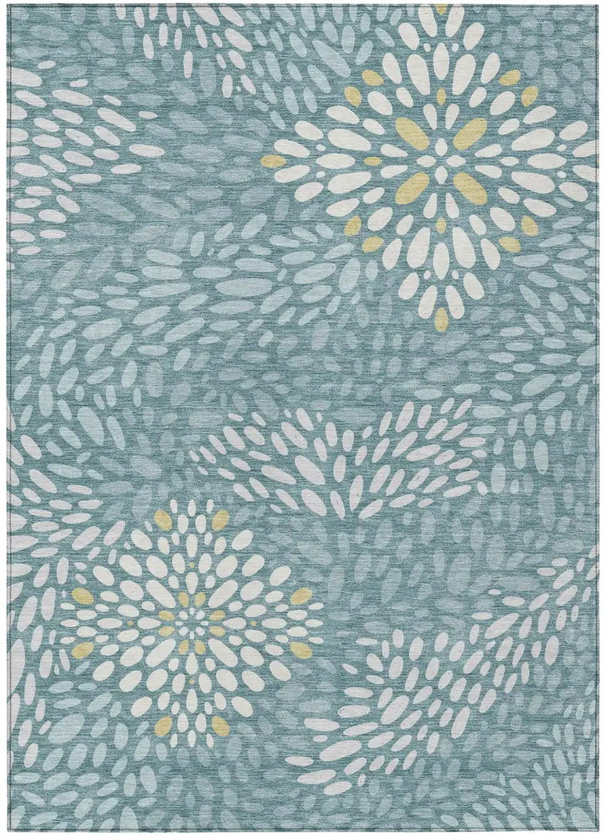 Teal Blue And Silver Abstract Washable Indoor Outdoor Area Rug Photo 1