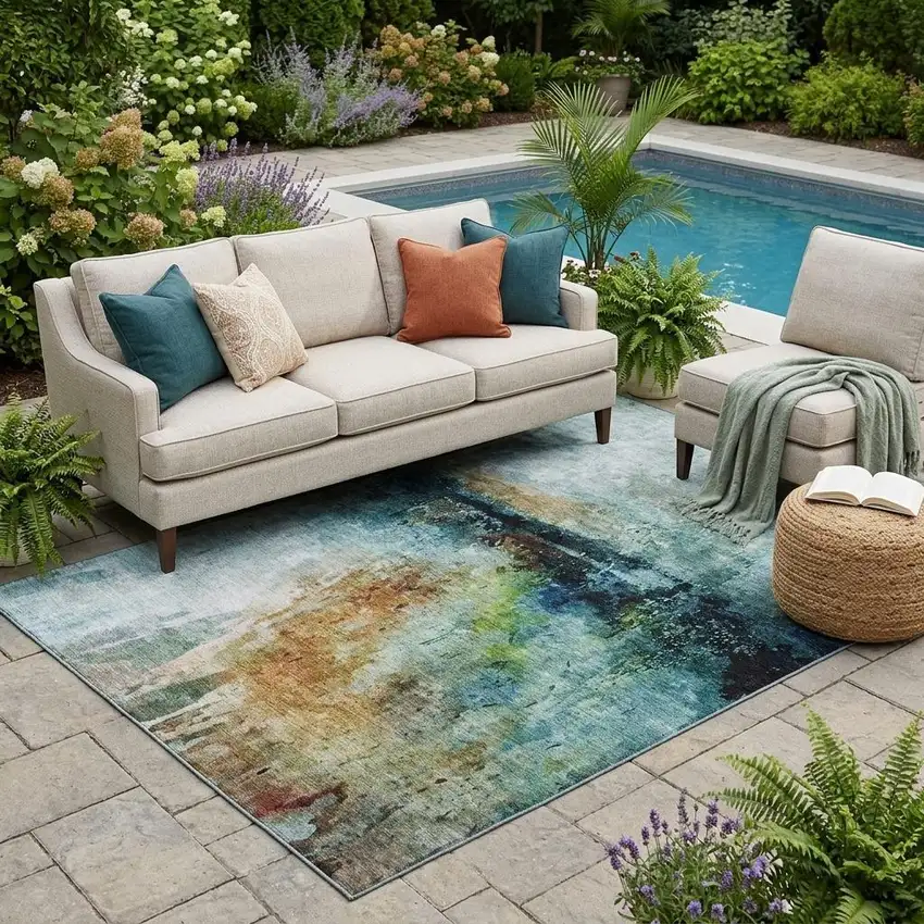 Teal Blue And Silver Abstract Washable Indoor Outdoor Area Rug Photo 1