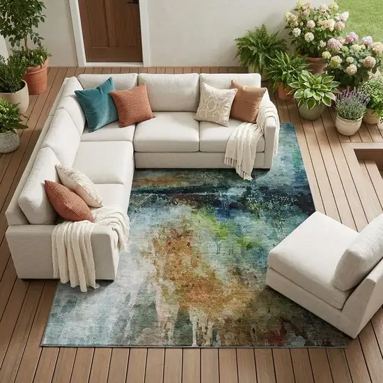 Teal Blue And Silver Abstract Washable Indoor Outdoor Area Rug Photo 1