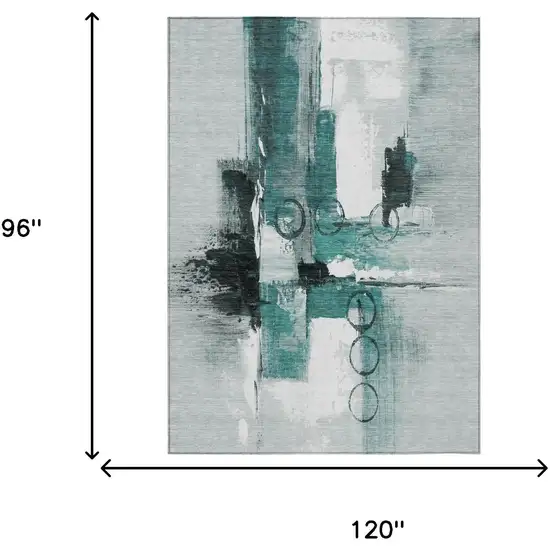 Teal Blue And Silver Abstract Washable Indoor Outdoor Area Rug Photo 7