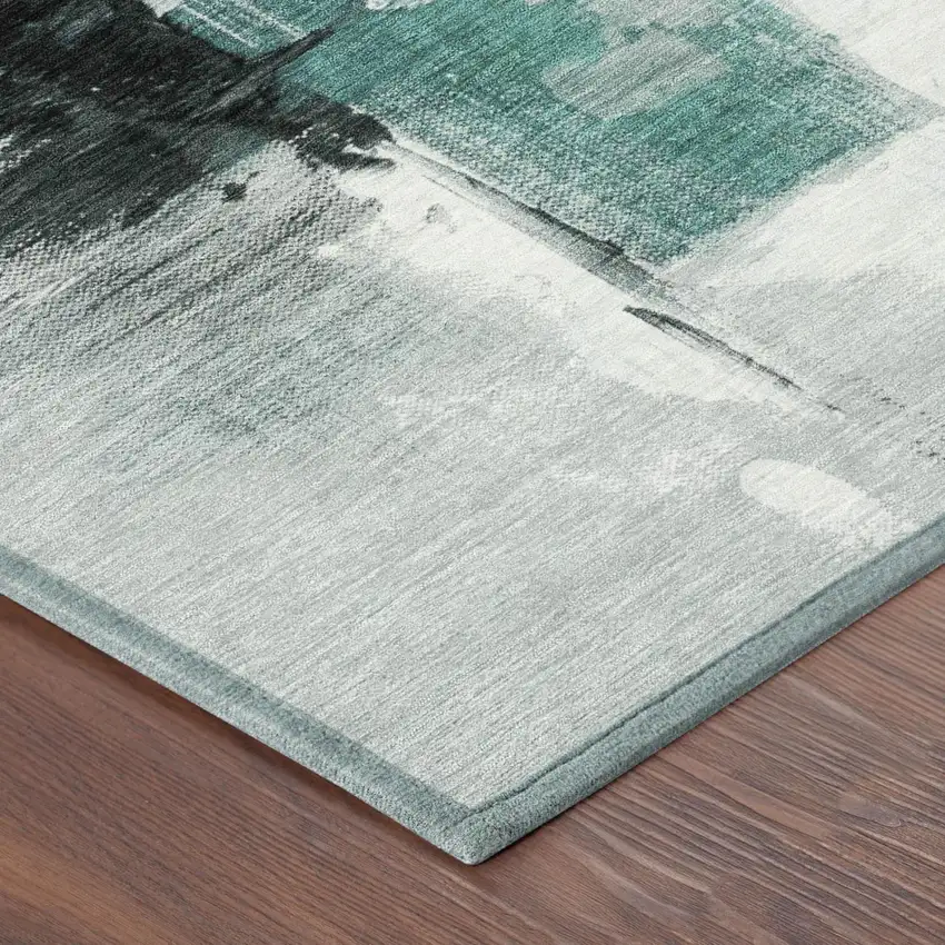 Teal Blue And Silver Abstract Washable Indoor Outdoor Area Rug Photo 5
