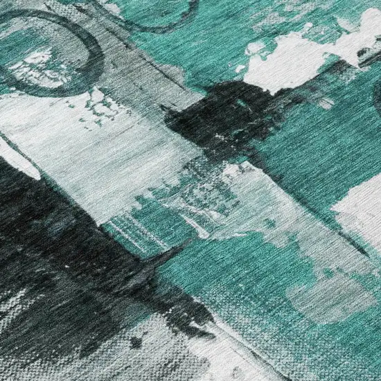 Teal Blue And Silver Abstract Washable Indoor Outdoor Area Rug Photo 6