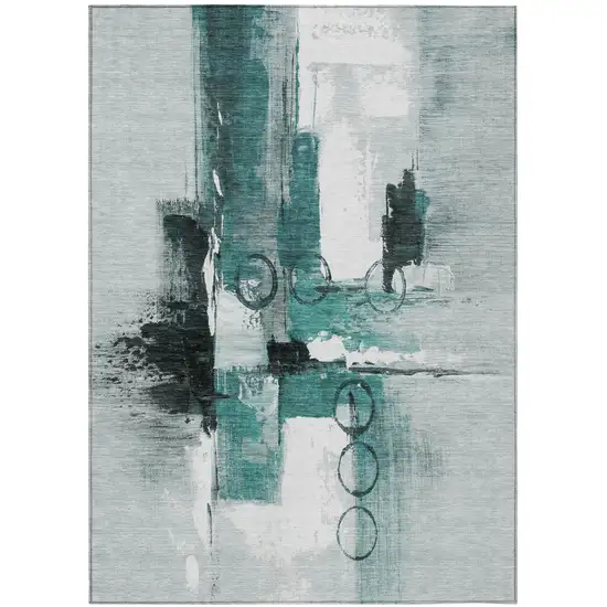 Teal Blue And Silver Abstract Washable Indoor Outdoor Area Rug Photo 2