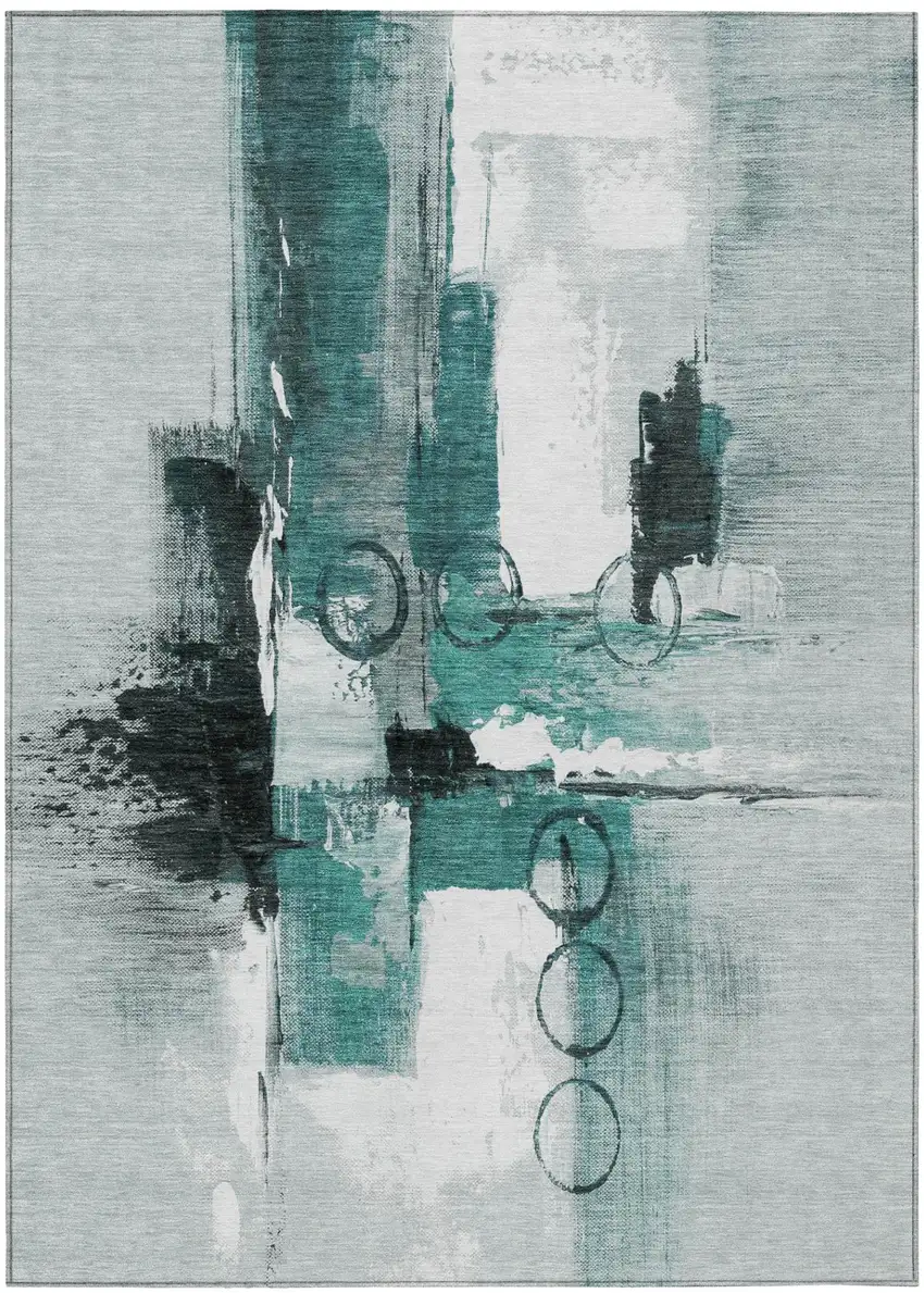 Teal Blue And Silver Abstract Washable Indoor Outdoor Area Rug Photo 2
