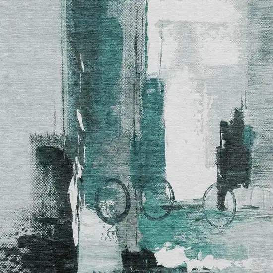 Teal Blue And Silver Abstract Washable Indoor Outdoor Area Rug Photo 3