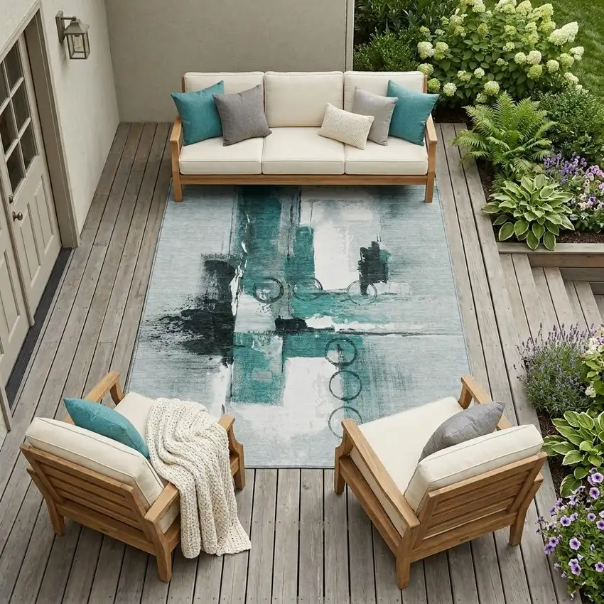 Teal Blue And Silver Abstract Washable Indoor Outdoor Area Rug Photo 1