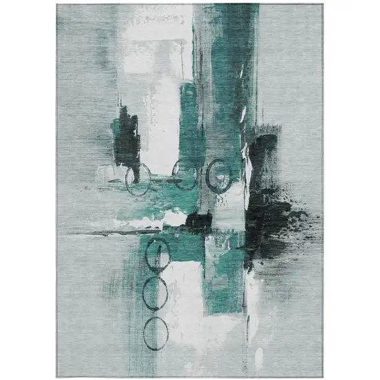 Teal Blue And Silver Abstract Washable Indoor Outdoor Area Rug Photo 4