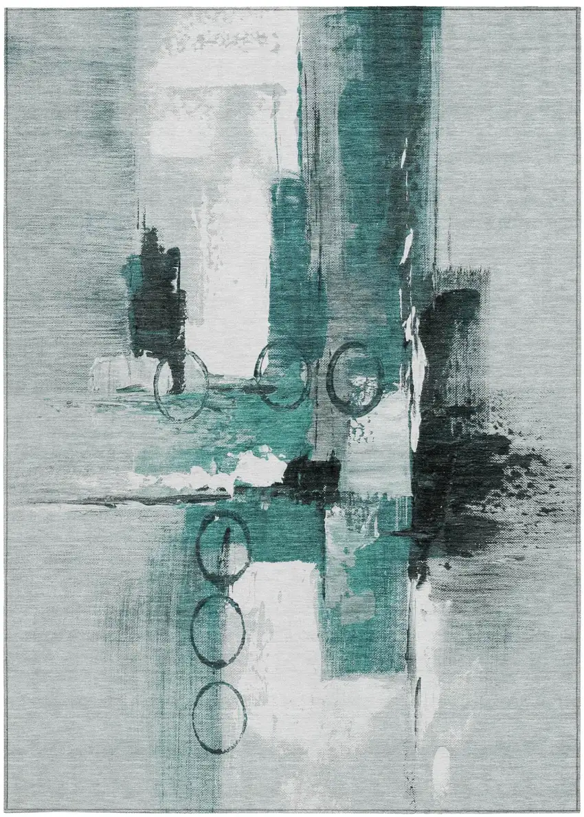 Teal Blue And Silver Abstract Washable Indoor Outdoor Area Rug Photo 4