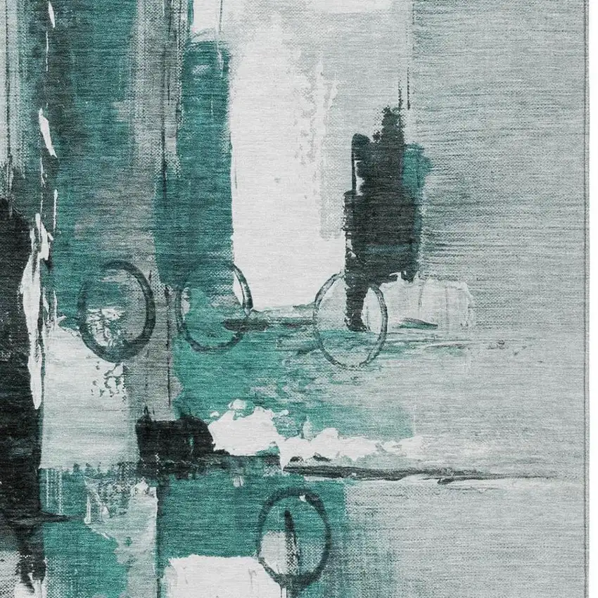 Teal Blue And Silver Abstract Washable Indoor Outdoor Area Rug Photo 3